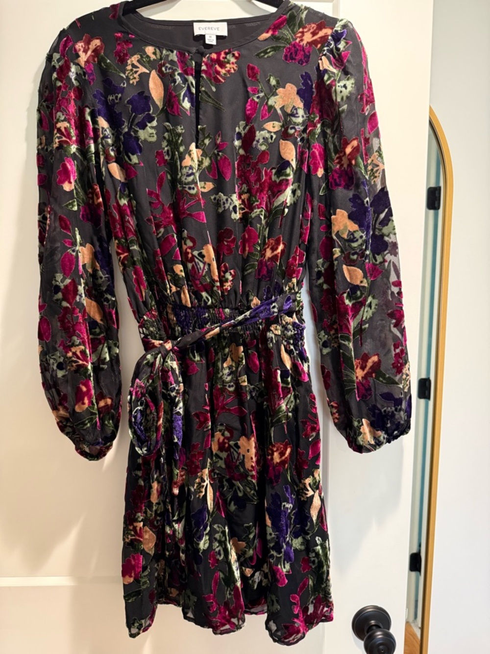 Evereve Black Dress with Jewel-Tone Crushed Velvet Floral Pattern